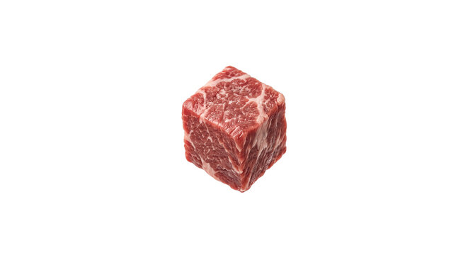 Single cube of raw marbled beef isolated on a clean white background for culinary photography