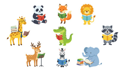 Obraz premium Cute cartoon reading animals vector illustration set featuring school education study concept with wild safari zoo library characters