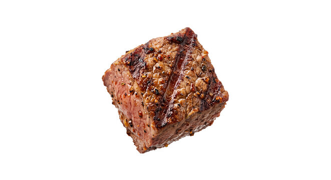 A single juicy grilled beef steak cube seasoned with black pepper isolated on white background