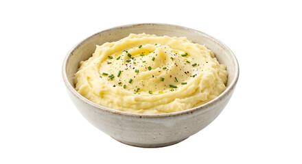 Creamy mashed potatoes in a rustic ceramic bowl garnished with fresh chives and black pepper
