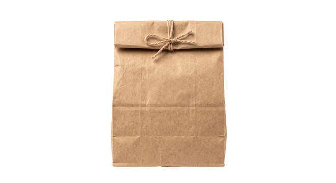 A rustic brown paper bag tied with natural twine string isolated on a clean white background