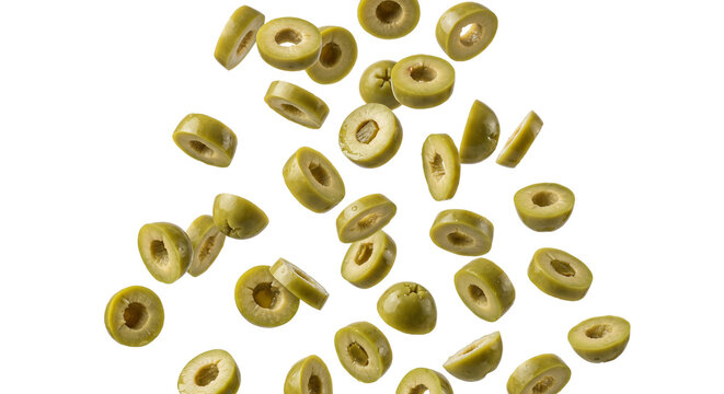 Fresh green olive slices falling in midair isolated against a clean white background studio shot
