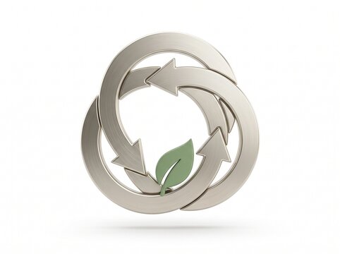 3D metallic recycling symbol icon with interlocking circular arrows and a green leaf on white background.