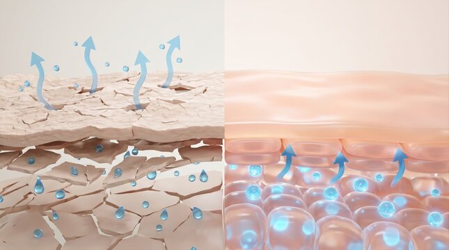 A split-screen illustration comparing dry, flaky skin losing moisture to healthy, hydrated skin.