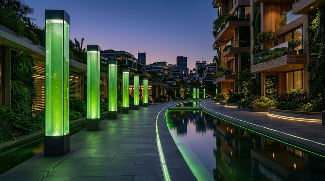 Futuristic eco city pedestrian walkway with glowing green bioluminescent micro algae street lights at dusk, biophilic timber architecture and quiet reflecting water feature