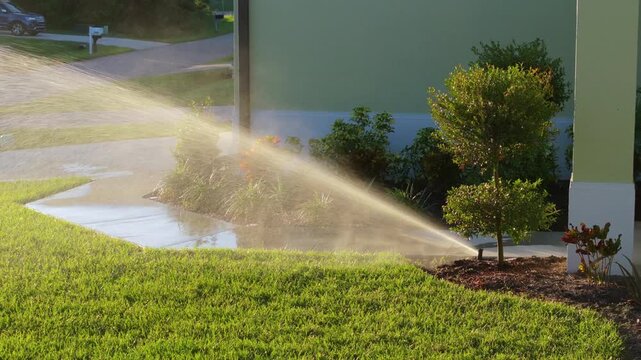 Automatic irrigation system with water sprinkler for maintaining grass lawn.