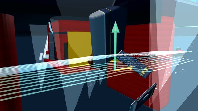 3D animation of an active fin stabilizer system on a cruise ship, illustrating hydrodynamic equilibrium, gyroscopic roll sensors, and restoring counter-moments for vessel stabilization