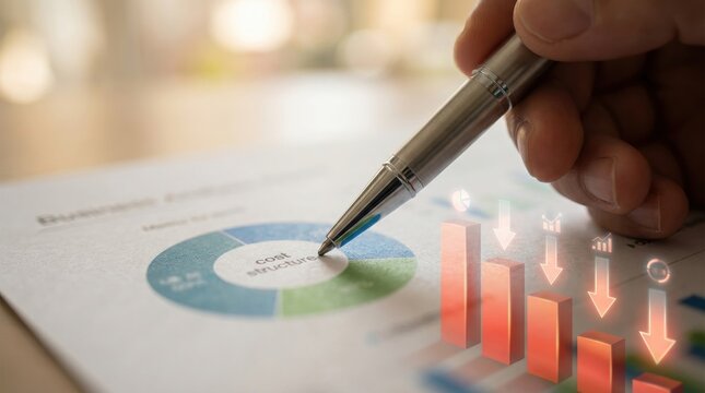expense reduction business analysis Person analyzing financial chart with pen and downward bar graph overlay