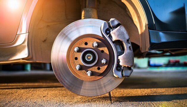closeup of a steel brake disc and wheel hub detail illuminated by sunlight concept of replacing wheel pads in a garage car service