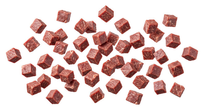 Fresh raw beef cubes falling in midair isolated on a clean white background for food marketing