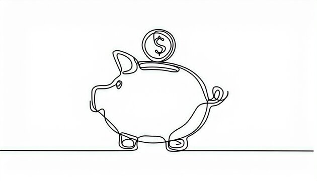 continuous line drawing of a piggy bank with coin on top
