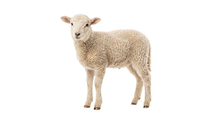 A fluffy young lamb standing isolated on a clean white background for agricultural concepts © Ophelia