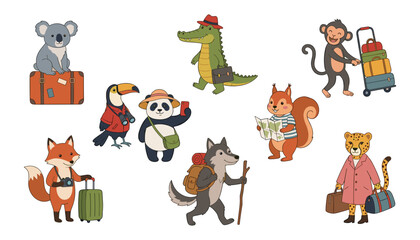 Fototapeta premium PrintCute cartoon traveling animals set with koala, fox, panda, wolf, crocodile, and monkey holding suitcases for kids adventure design