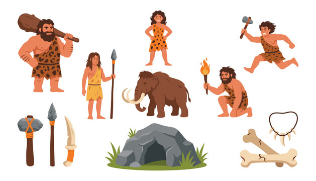 Cute stone age caveman characters set with primitive prehistoric people mammoth weapon tools cave house and ancient bone artifacts vector