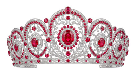 Elegant silver tiara adorned with vibrant red rubies and sparkling white diamond accents © Ophelia