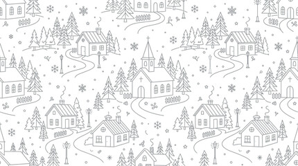 Fototapeta premium Hand-drawn winter village pattern