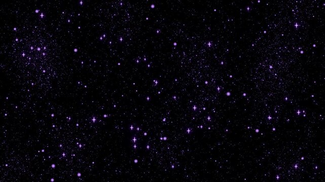 高貴なアメジストパープルの星粒が深淵の闇で神秘的に瞬くループ動画。占星術コンテンツ、スピリチュアル関連Web、夜のラグジュアリーイベントに調和する幻想的なシネマティック素材