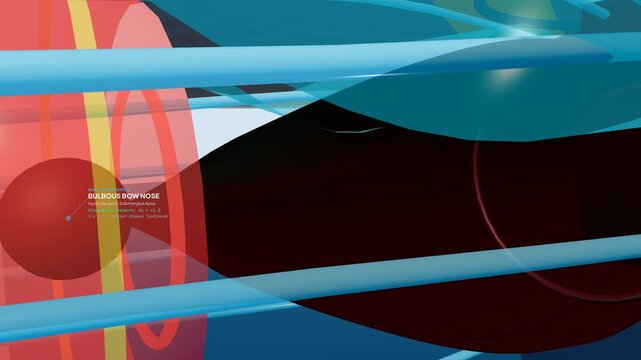 3D animation explaining bulbous bow hydrodynamics on a container ship, illustrating wave cancellation, destructive interference, and global maritime efficiency through fluid dynamics visualization