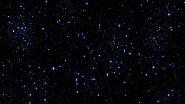深遠なサファイアブルーの星粒が宇宙の静寂のなかで瞬くループ動画。サイエンス番組、宇宙開発企業のプロモーション、シックなバーのWeb背景に最適な荘厳なシネマティック素材