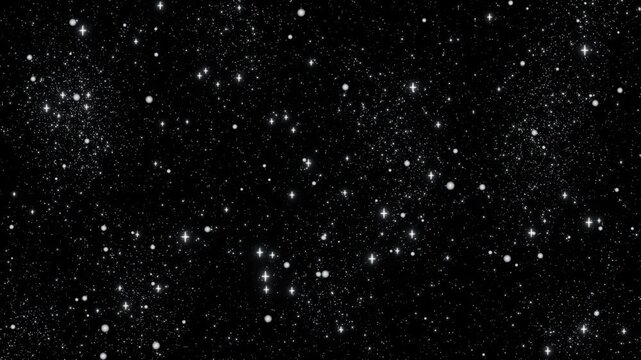 清らかなシルバーホワイトの星粒が暗闇で繊細に煌めき降り注ぐループ動画。ブライダルムービー、冬のホリデーギフト広告、ハイジュエリーのLPに調和する洗練されたシネマティック素材
