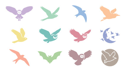 Obraz premium Pastel bird and bat flight silhouette icon collection
