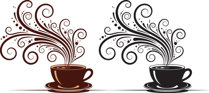 Elegant coffee cup flat vector illustration design set in brown and black colors with artistic swirls and decorative flourishes isolated on a white background.
