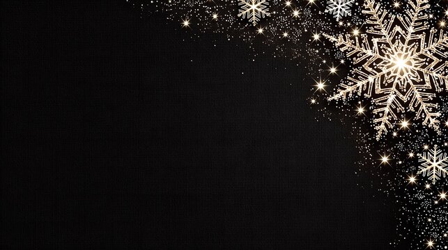Golden snowflakes with glowing starburst sparkles on a black background with copy space for Christmas greeting cards banners and elegant holiday invitations