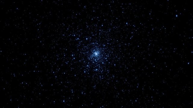 深遠なサファイアブルーの星粒が中央から壮大に爆発し宇宙を満たすエフェクト動画。天文学・宇宙開発プロモーション、科学技術のプレゼン、シックなオープニングに最適なシネマティック素材