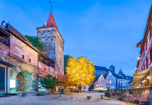 Nuremberg, Germany. Tiergartnertor Square and Kaiserburg Castle