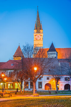 Medias, Romania. Lutheran church St. Margaret and historical downtown, Transylvania.