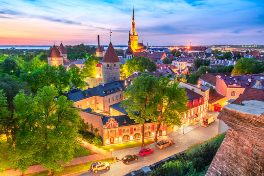 Walled Old Town center of Tallinn, Estonia along the Baltic Sea from the lookout point on Toompea Hill.