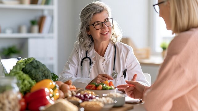 Dietitian helps adult patient with meal planning for diabetes management in a bright nutrition clinic Generative AI