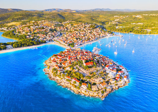 Primosten. Croatia. Aerial drone view of a charming small town at Adriatic Sea, Dalmatia