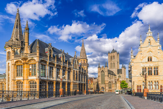 Gent, Belgium. Bridge Sint-Michielsplein and Graslei historical downtown.