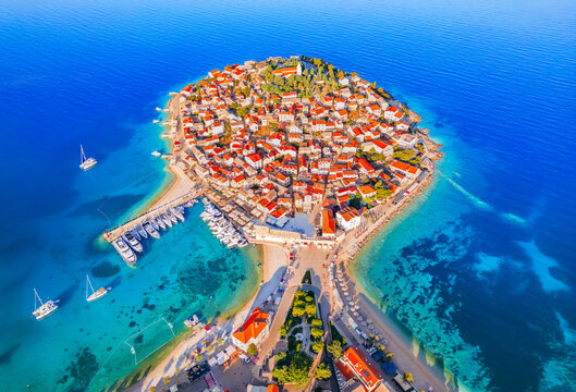 Primosten. Croatia. Aerial drone view of charming small town in Dalmatia, Adriatic Sea.