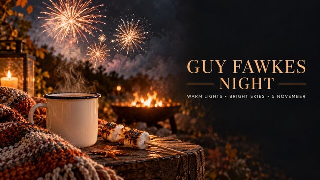 Guy Fawkes Night cozy bonfire campfire with marshmallow hot drink mug autumn landscape