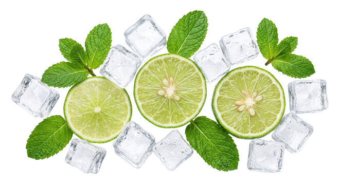 Fresh lime slices with green mint leaves and clear ice cubes isolated on white background