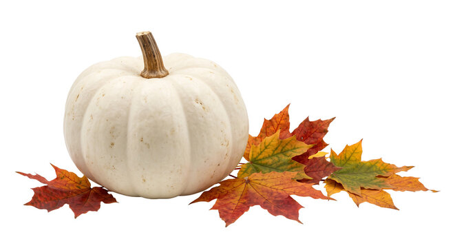 A single white pumpkin resting on a pile of vibrant autumn maple leaves against white background
