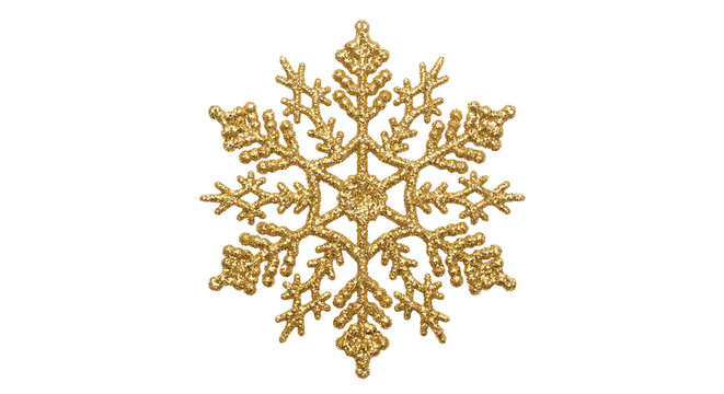 A sparkling gold snowflake ornament isolated on a clean white background for holiday design
