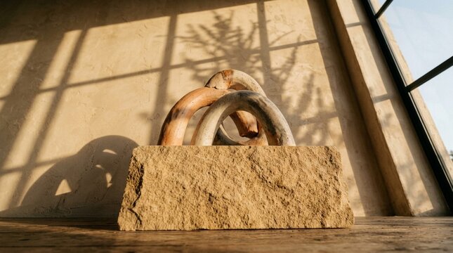 Close-up of a stone pedestal supporting ceramic vessels in natural sunlight with shadow play