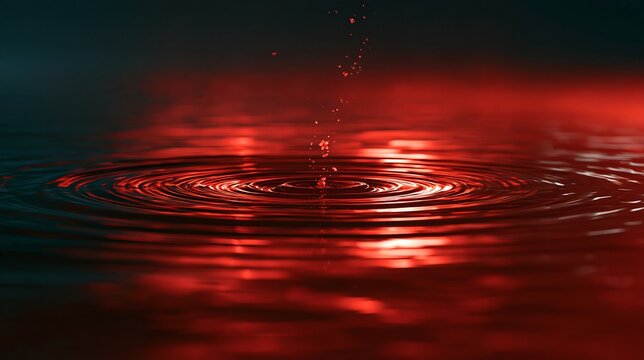 Red water droplets creating concentric ripple rings on a dark liquid surface, radial circular waves resembling an abstract spiderweb pattern for background