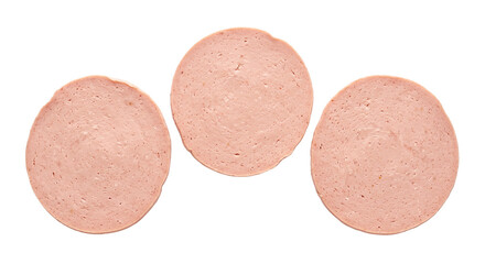 Three round slices of pink bologna sausage arranged on a clean white background for food design © Ophelia