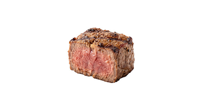 A perfectly seared medium rare beef steak cube isolated on a clean white background studio shot