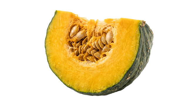 A fresh slice of kabocha squash with visible seeds isolated on a clean white background studio