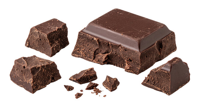 Broken pieces of rich dark chocolate isolated on a clean white background for food photography