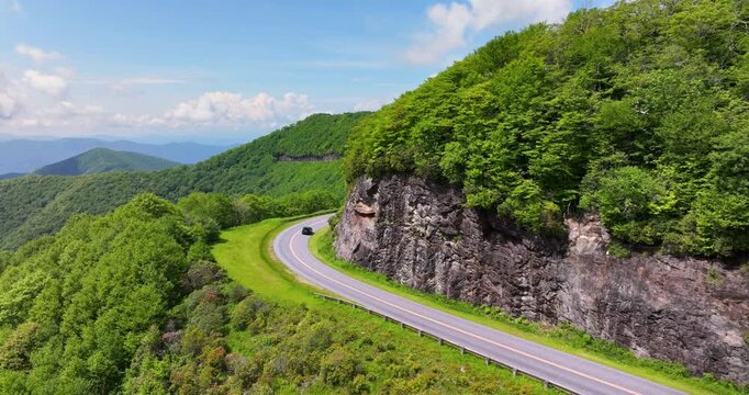 Blue Ridge Parkway in summer season. Mountain pass road in North Carolina Appalachian mountains, USA.