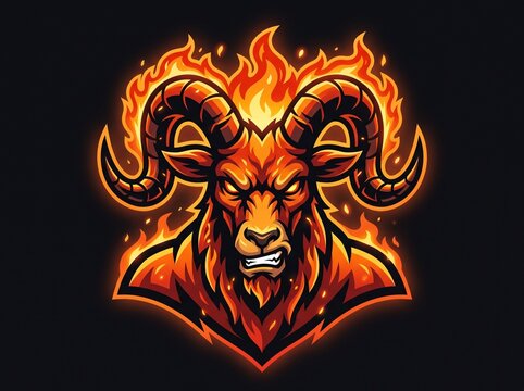 Fierce flaming ram head mascot logo on dark background. Angry goat with fire and glowing eyes. Perfect for esports, sports team, gaming brand, or Aries zodiac sign.