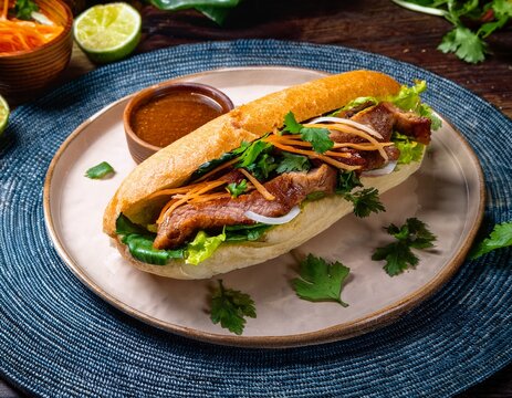 delicious vietnamese banh mi sandwich with grilled pork and fresh vegetables
