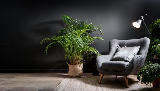 modern dark interior design with cozy armchair green plants and ambient lighting
