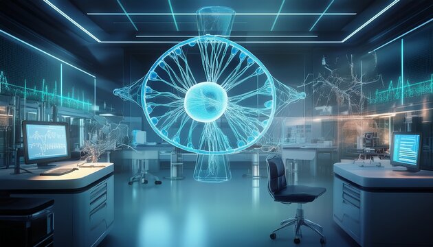 future medical technology holographic dna neuron and ecg in modern research lab